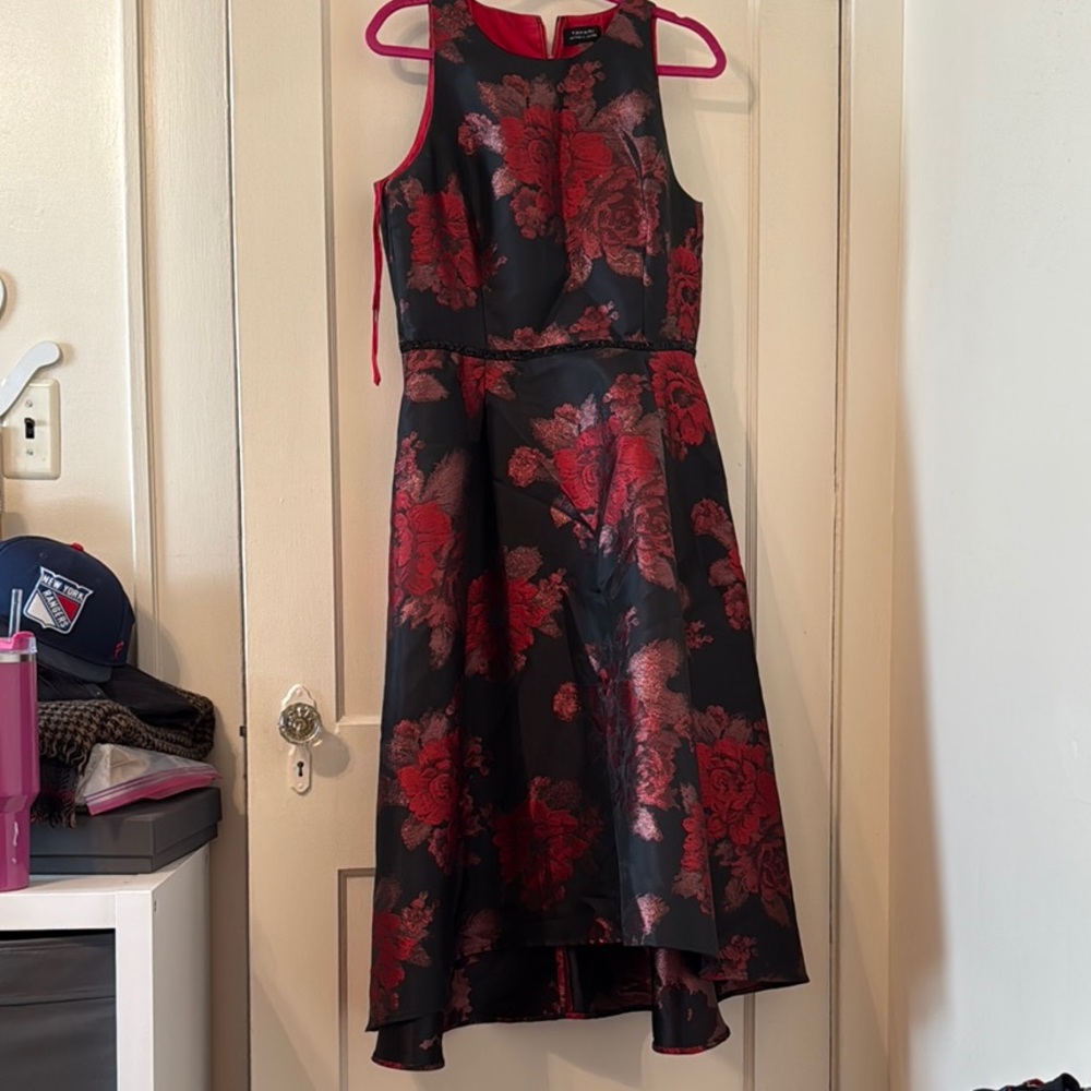 Tahari ASL Black and Red High Low A-Line Halter Dress